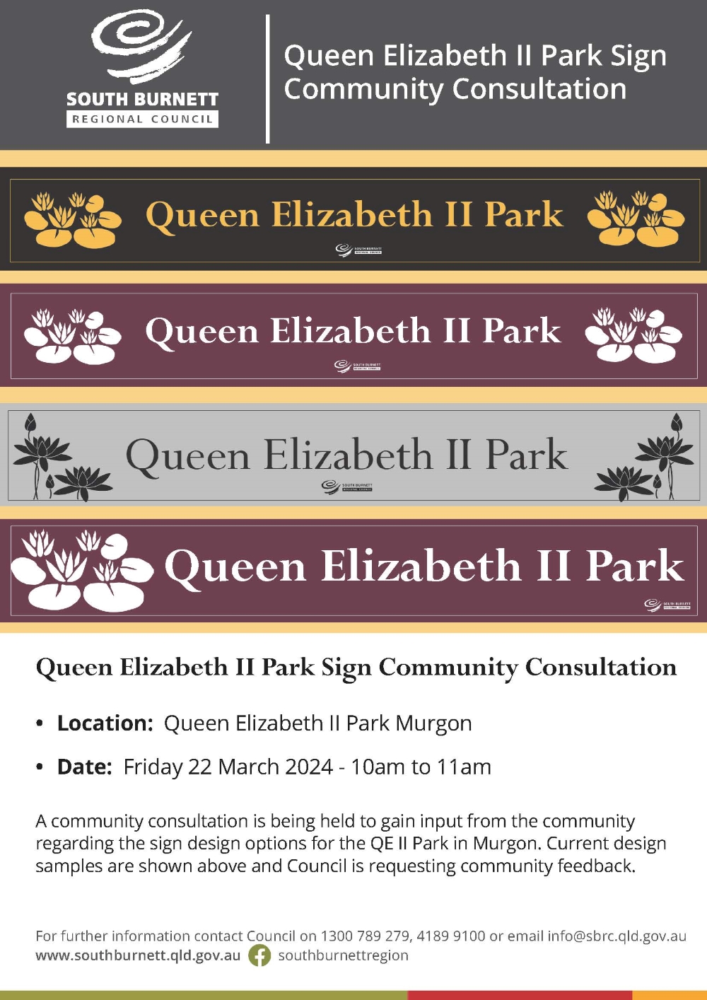 14 03 2024 Queen elizabeth ii park sign community consultation flyer
