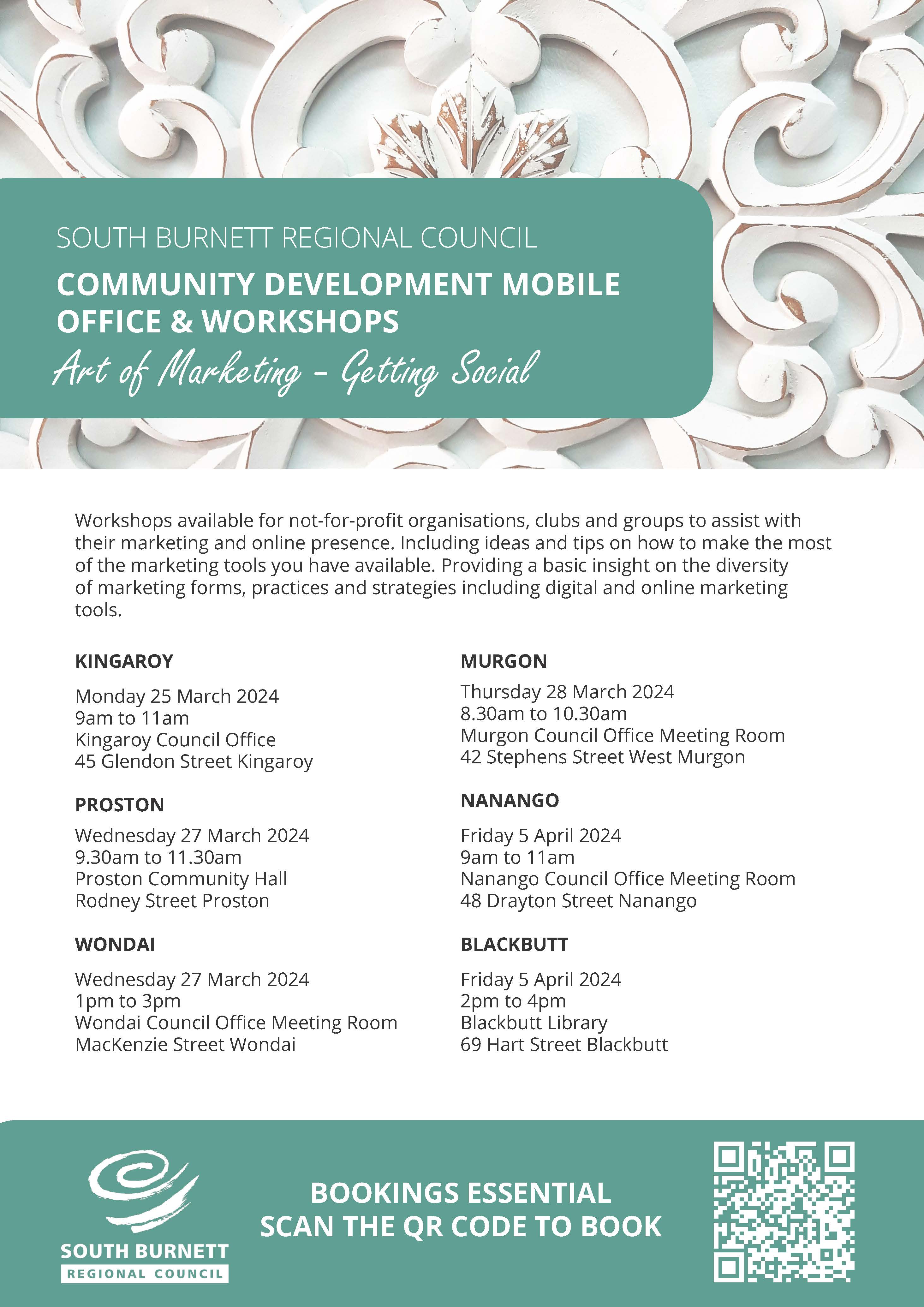 Flyer community development mobile office and workshops art of marketing