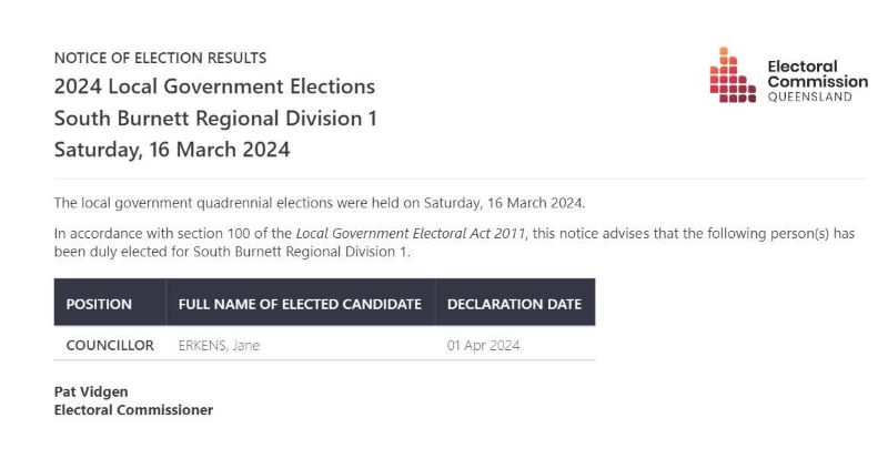 Local government elections south burnett regional division 1 notice of results