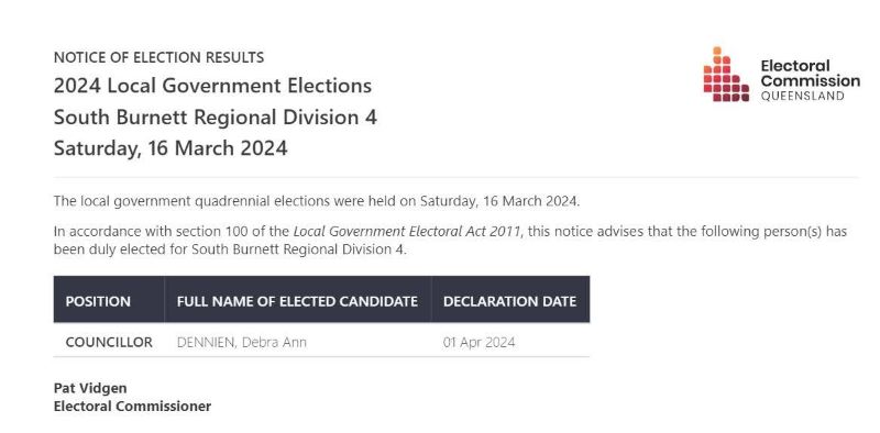 Local government elections south burnett regional division 4 notice of results
