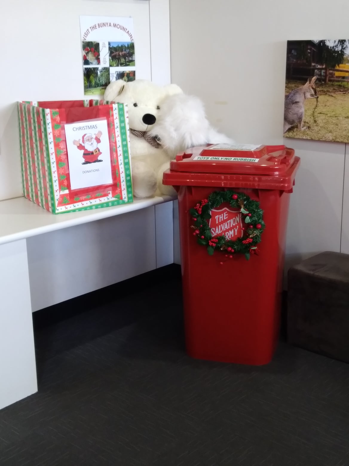 Image: The Salvation Army Christmas Appeal donation bin at the Kingaroy Visitor Information Centre