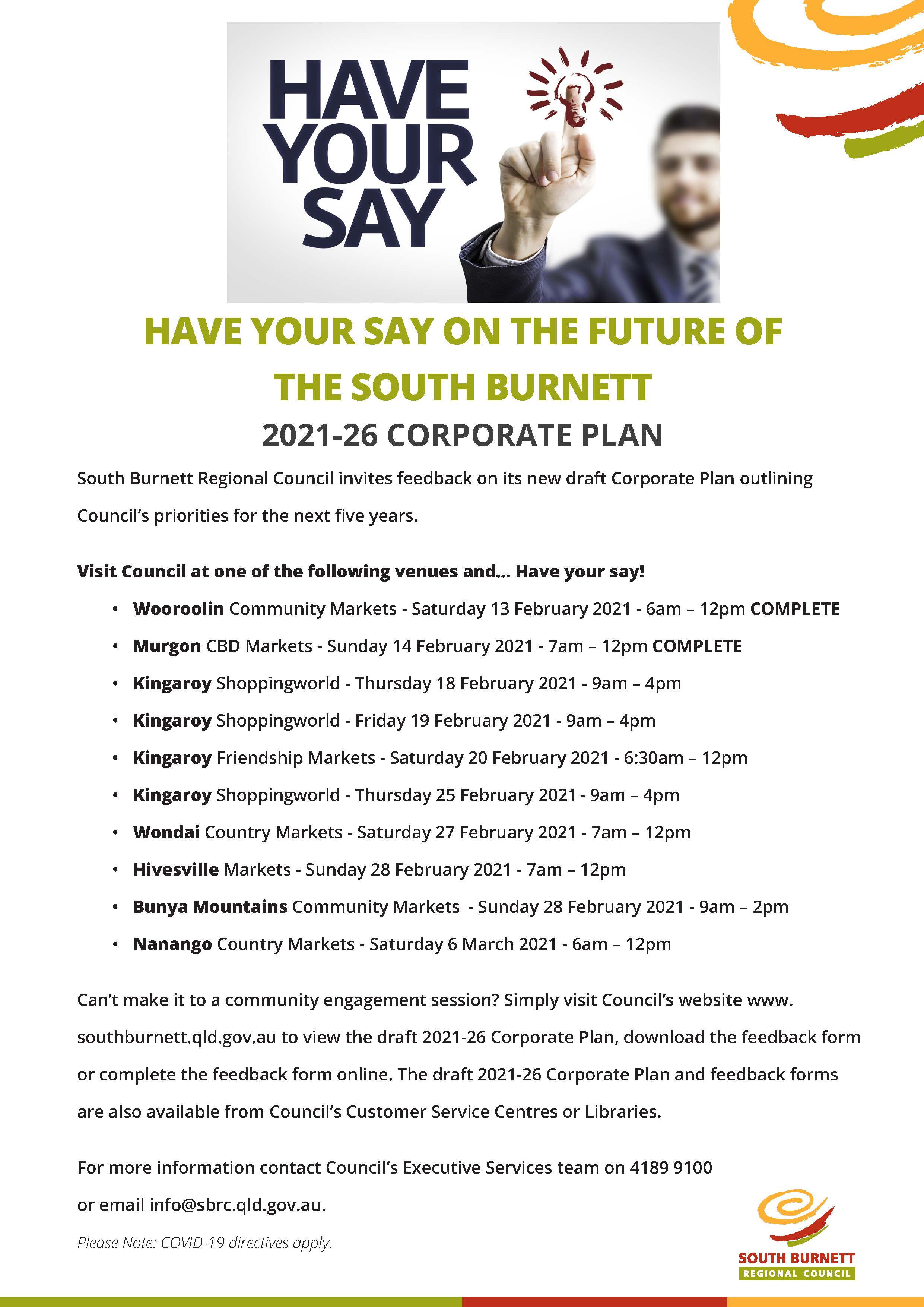 Have your say - Draft 2021-26 Corporate Plan Community Engagement Events