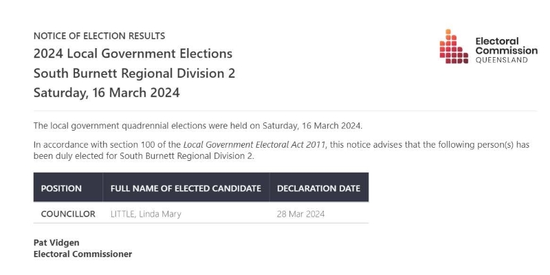 28 03 2024 Local government elections south burnett regional division 2 notice of results