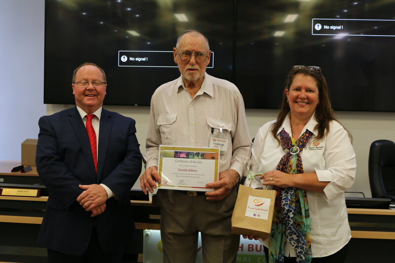 Image: Harold Adlem receiving a Recognition of Service award from Mayor Brett Otto and Councillor Danita Potter