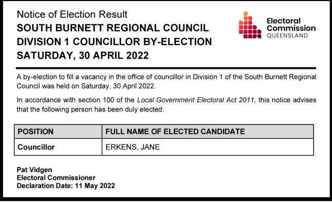 South burnett councillor by election notice of result 1
